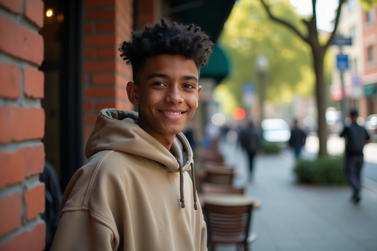Adolescent avec coupe low taper dans la rue près d un café