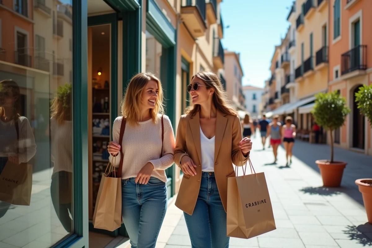 Deux amies sortant d'une boutique indépendante avec leurs achats dans une rue piétonne de Marseille
