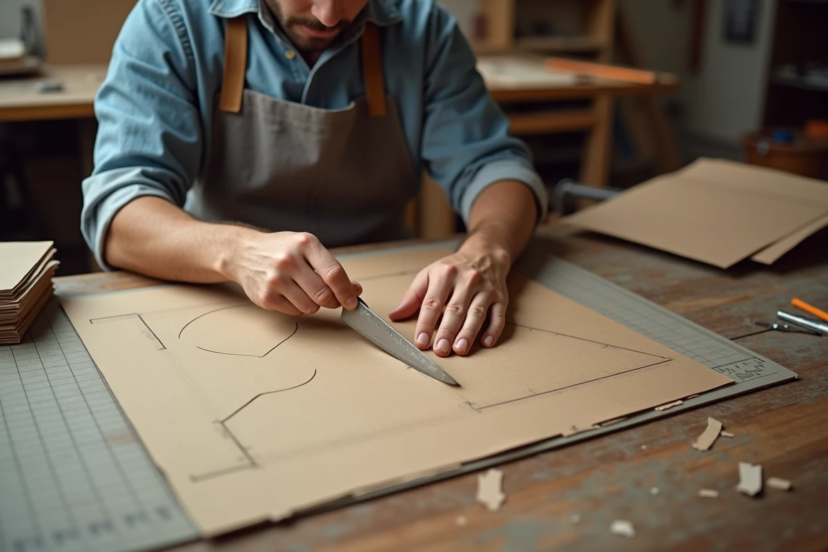 Artisan découpant une forme trapèze dans du carton sur un établi en bois dans un atelier