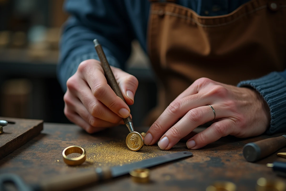 Artisan joaillier gravant à la main une chevalière en or sur mesure dans un atelier traditionnel