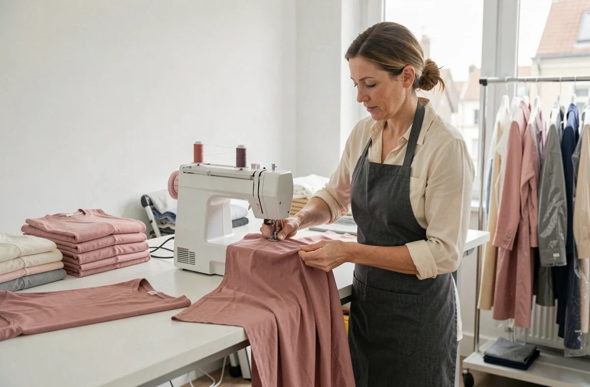 Couturière utilisant une surjeteuse sur un tissu jersey dans l'Atelier Couture Nantes Sud