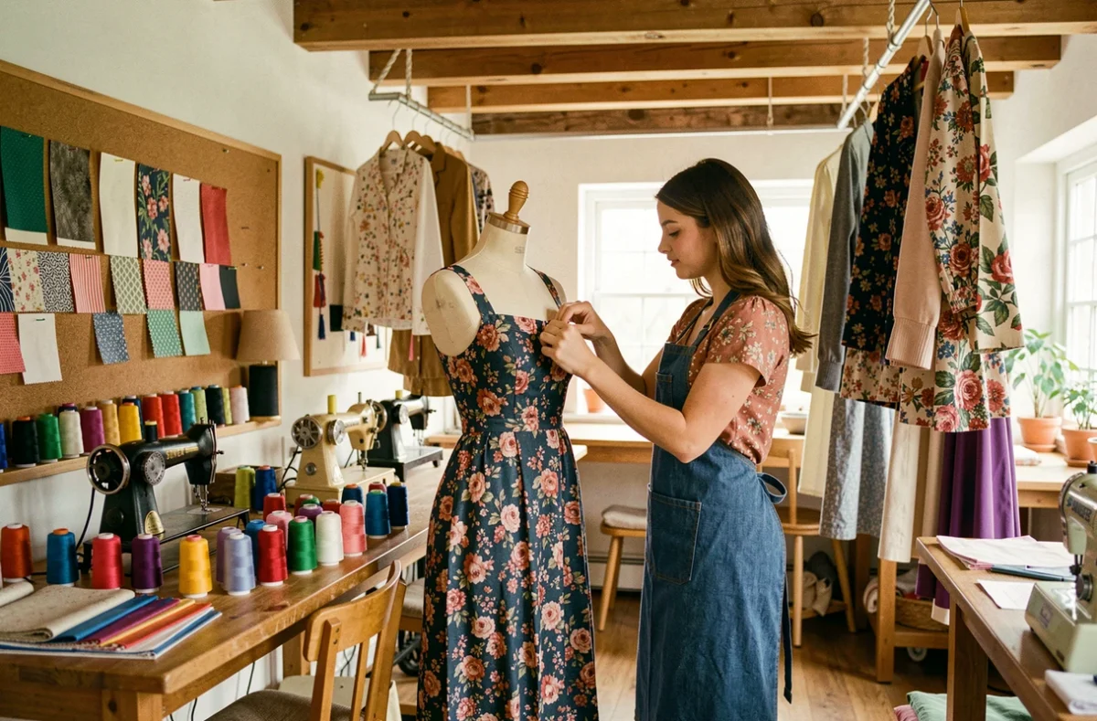 Jeune couturière de l'Atelier Pique Coud épinglant des pièces de tissu colorées sur un mannequin de couture
