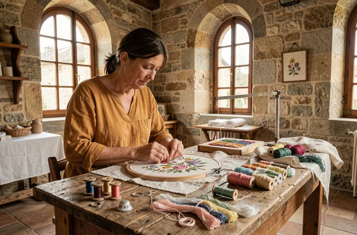 Artisane brodant à la main dans un atelier en pierre pittoresque des Ateliers de Clisson