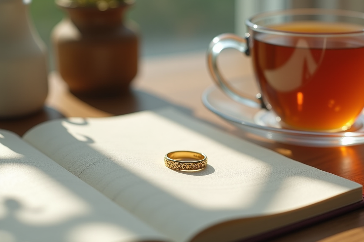 Bague en or boheme posée sur un linge blanc avec carnet et thé