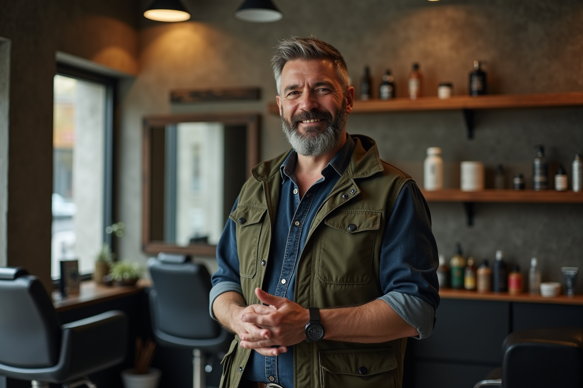 Homme barbu ajustant ses manches dans un barbershop