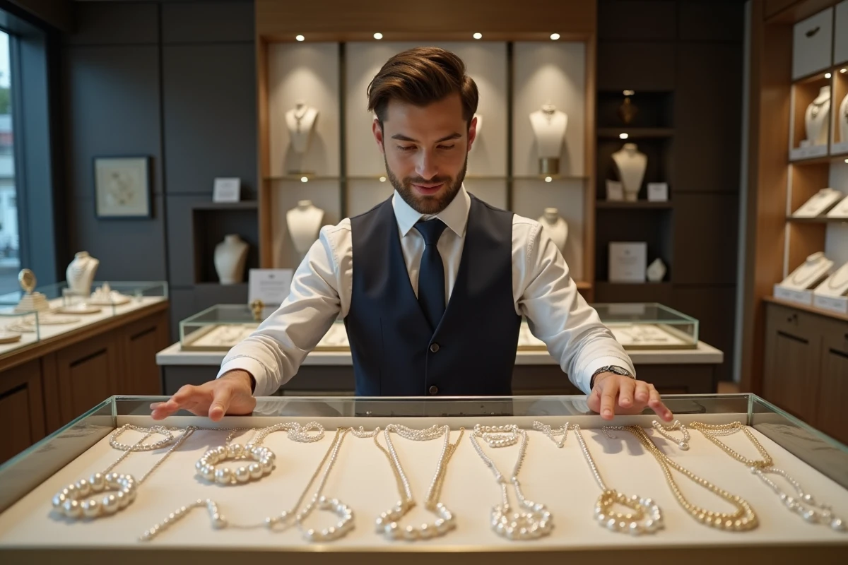 Jeune bijoutier inspectant des colliers de perles