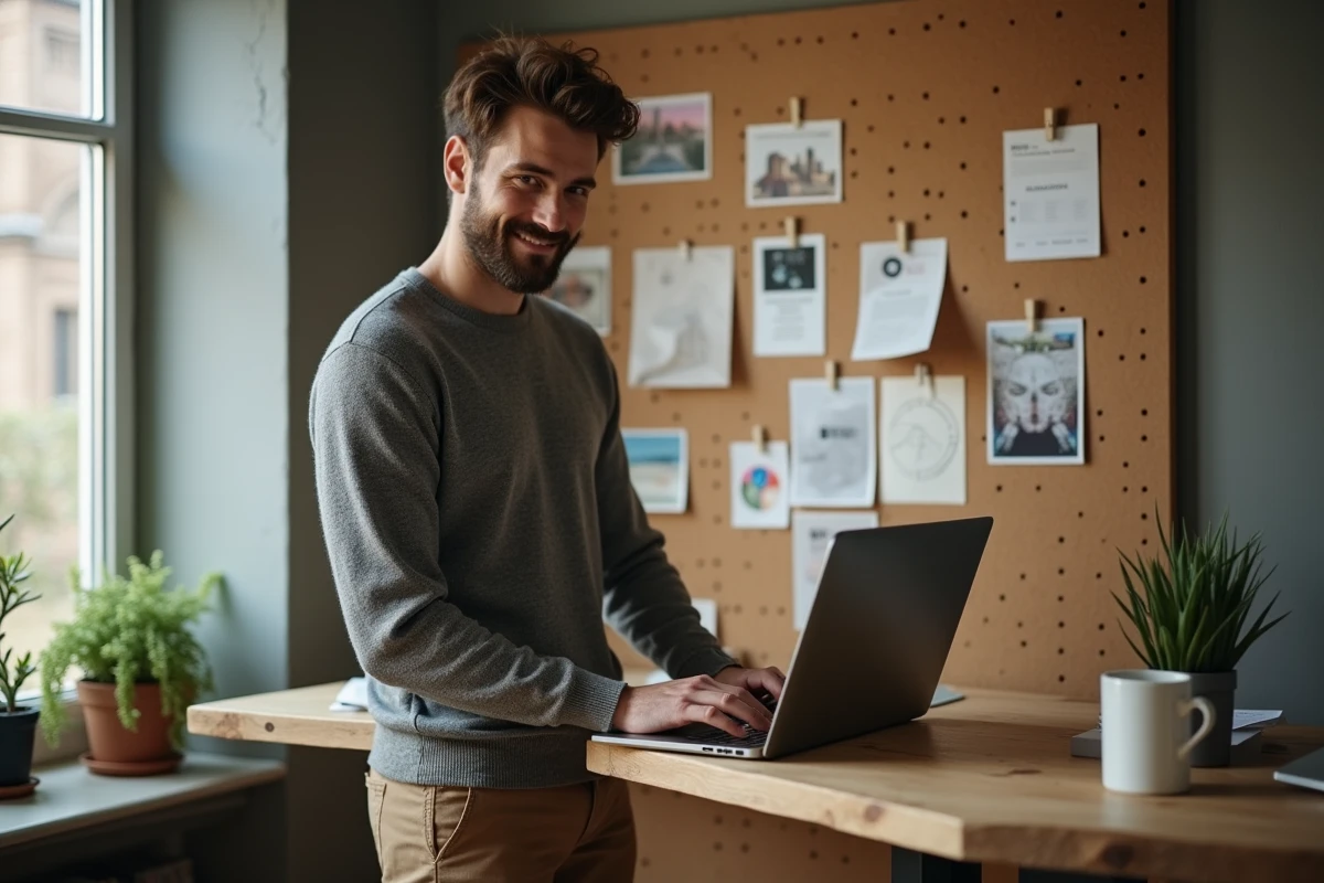 Homme blogueur lifestyle travaillant à son bureau avec un tableau d'inspiration et un ordinateur portable, développant sa niche de contenu