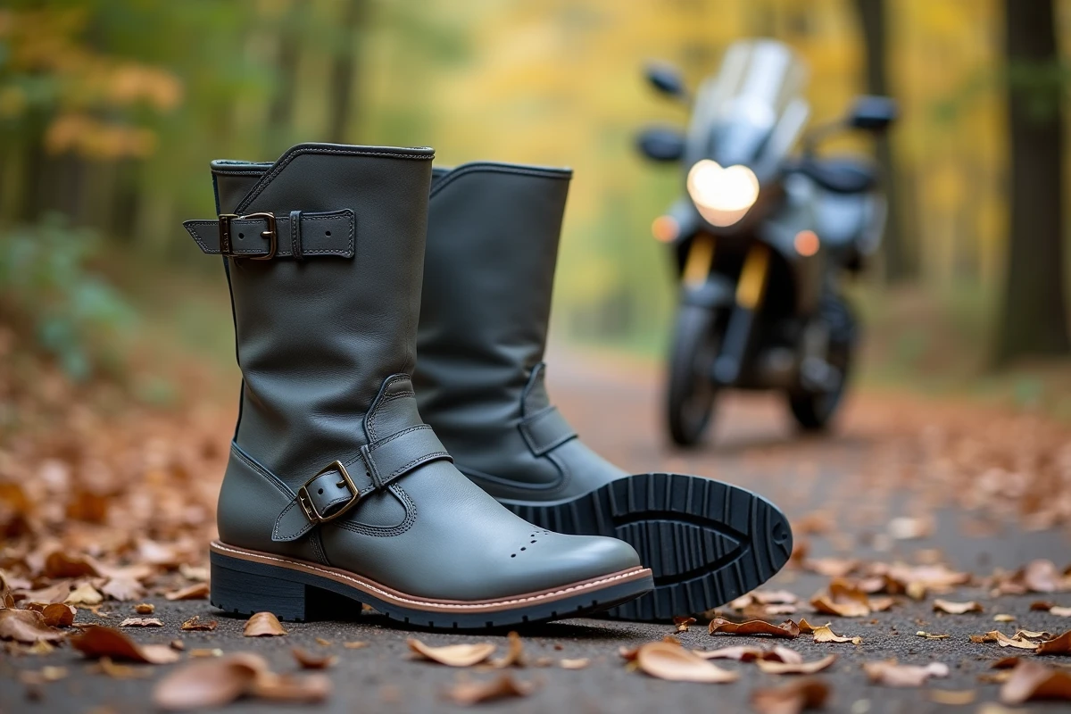 Paire de bottes moto pour femme à petits pieds posée sur une surface en bois en forêt, détail des protections et de la semelle