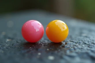 Boucles d'oreilles Potara Dragon Ball en résine émaillée posées sur ardoise, vue macro détaillée