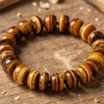 Bracelet homme en oeil du tigre posé sur une surface en bois brut, montrant le veinages doré et brun des pierres naturelles polies