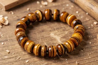 Bracelet homme en oeil du tigre posé sur une surface en bois brut, montrant le veinages doré et brun des pierres naturelles polies
