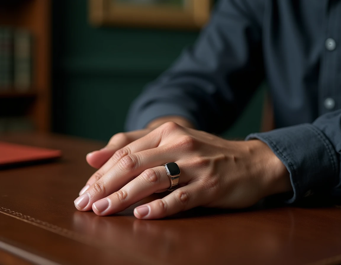 Homme aux mains larges portant une chevalière argent massif épaisse sur l'index dans un bureau élégant