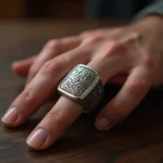 Main d'homme portant une chevalière en argent massif à motif géométrique sur doigt annulaire, posée sur bois sombre