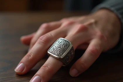 Main d'homme portant une chevalière en argent massif à motif géométrique sur doigt annulaire, posée sur bois sombre