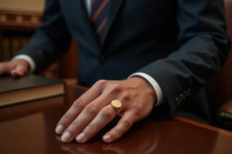 Homme en costume marine portant une chevalière en or sur mesure, posée sur un bureau en acajou poli dans un bureau élégant