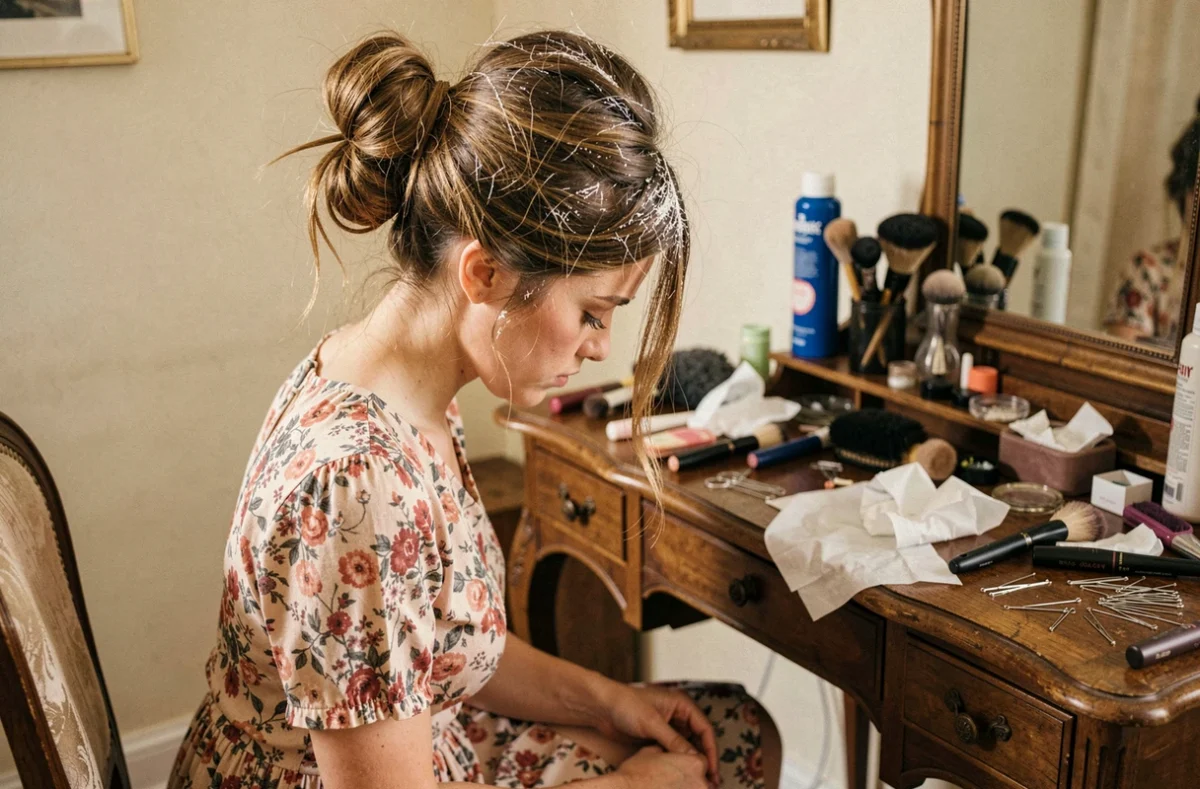 Jeune femme avec un chignon raté et rigide devant une coiffeuse encombrée de produits coiffants