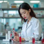 Jeune chimiste en laboratoire examinant des rouges à lèvres