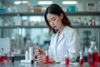 Jeune chimiste en laboratoire examinant des rouges à lèvres