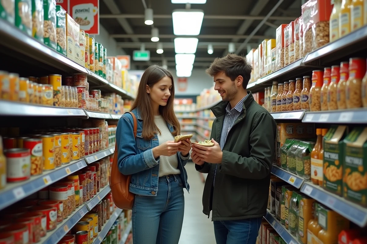 Couple faisant leurs courses dans une épicerie de quartier à Givors, allées bien approvisionnées de l'épicerie Pilou