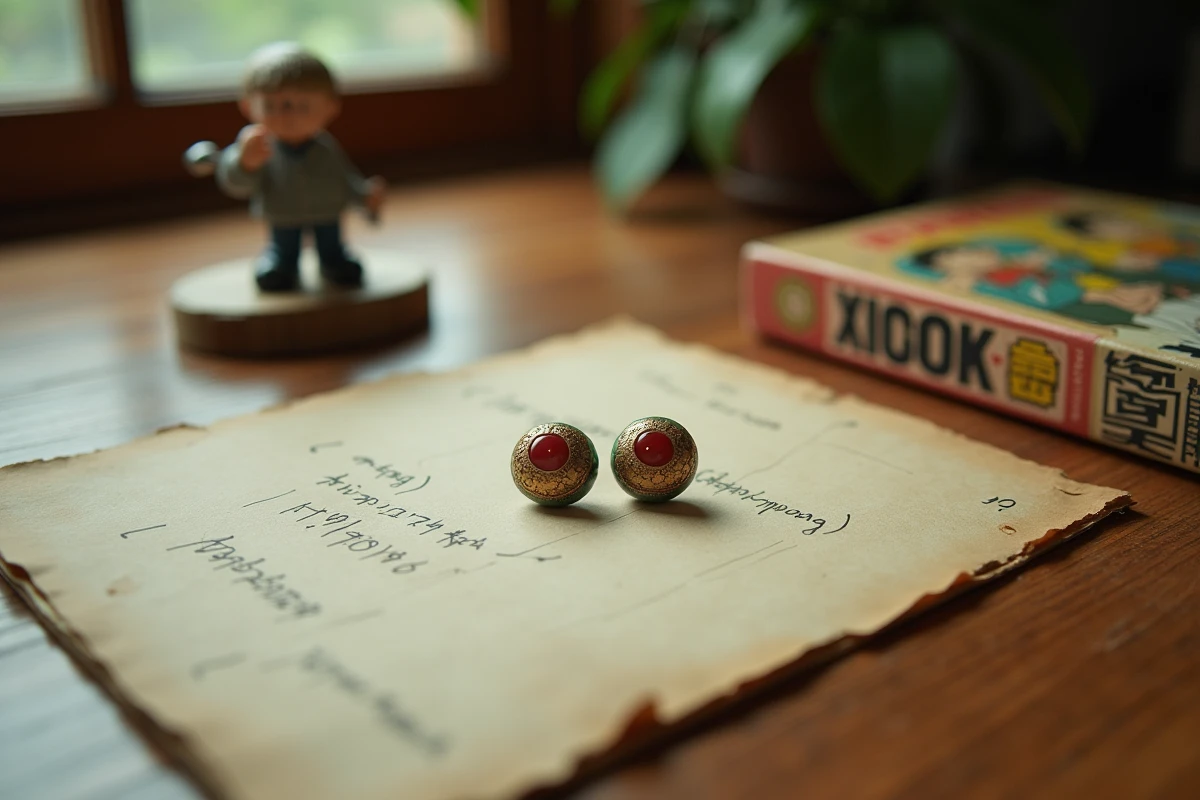 Mise en scène collector avec boucles d'oreilles Potara, manga Dragon Ball et figurine sur bureau vintage