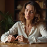 Femme qui démêle un collier en or sur une table en bois, expression pensive et spirituelle