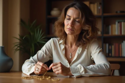 Femme qui démêle un collier en or sur une table en bois, expression pensive et spirituelle