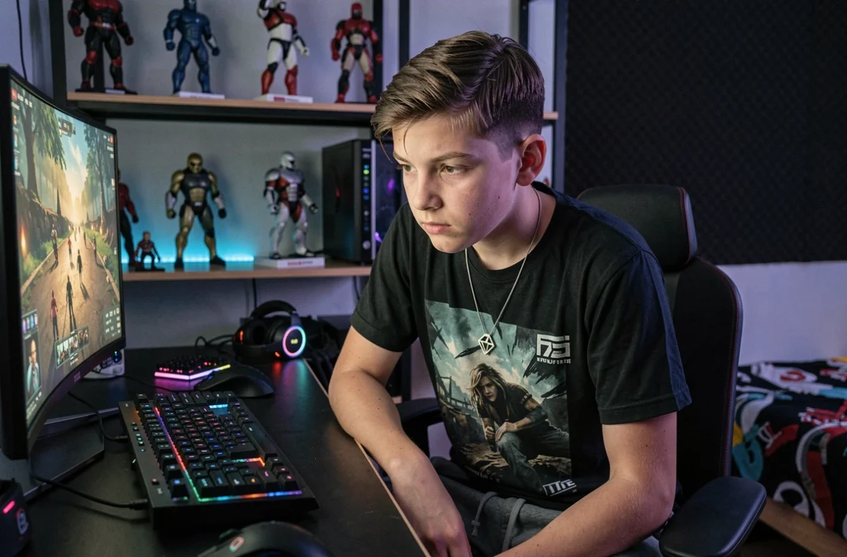 Adolescent gamer portant un collier pendentif géométrique devant son setup gaming avec écran et périphériques RGB