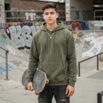 Ado skateur portant un collier chaîne en métal dans un skatepark urbain graffité, style streetwear décontracté