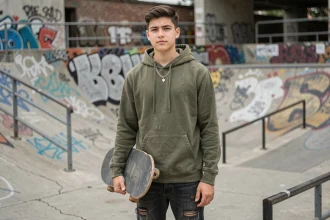 Ado skateur portant un collier chaîne en métal dans un skatepark urbain graffité, style streetwear décontracté