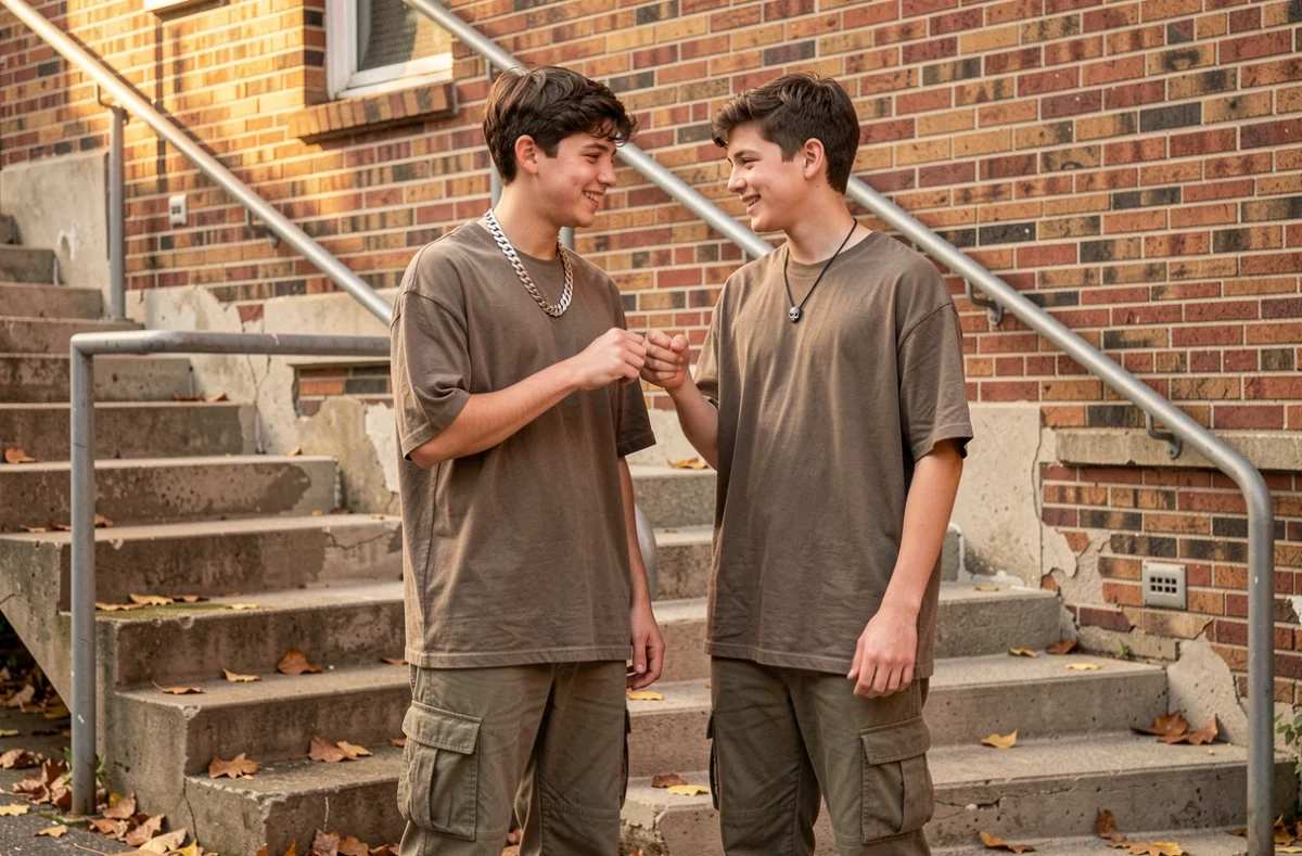 Deux adolescents comparant leurs colliers tendance streetwear à l'extérieur, style skateur et gamer urbain