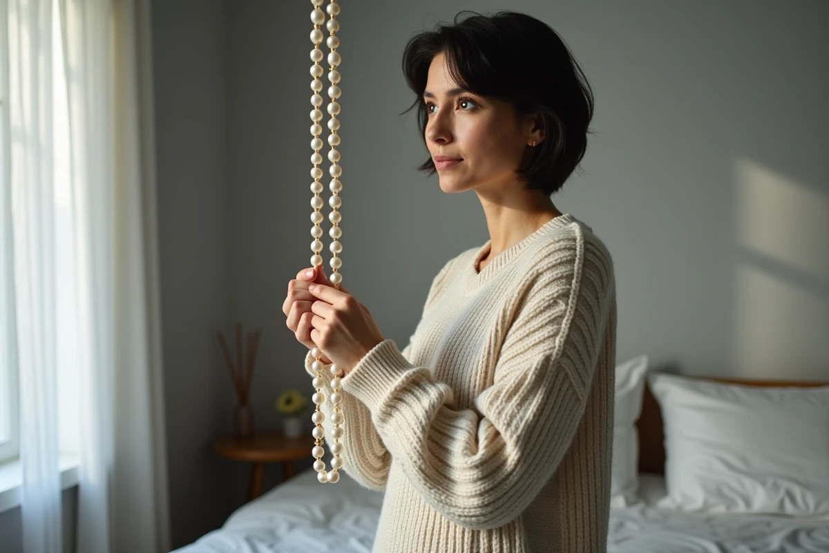 Femme tenant un collier de perles emmêlé devant ses yeux dans une chambre minimaliste, signe spirituel