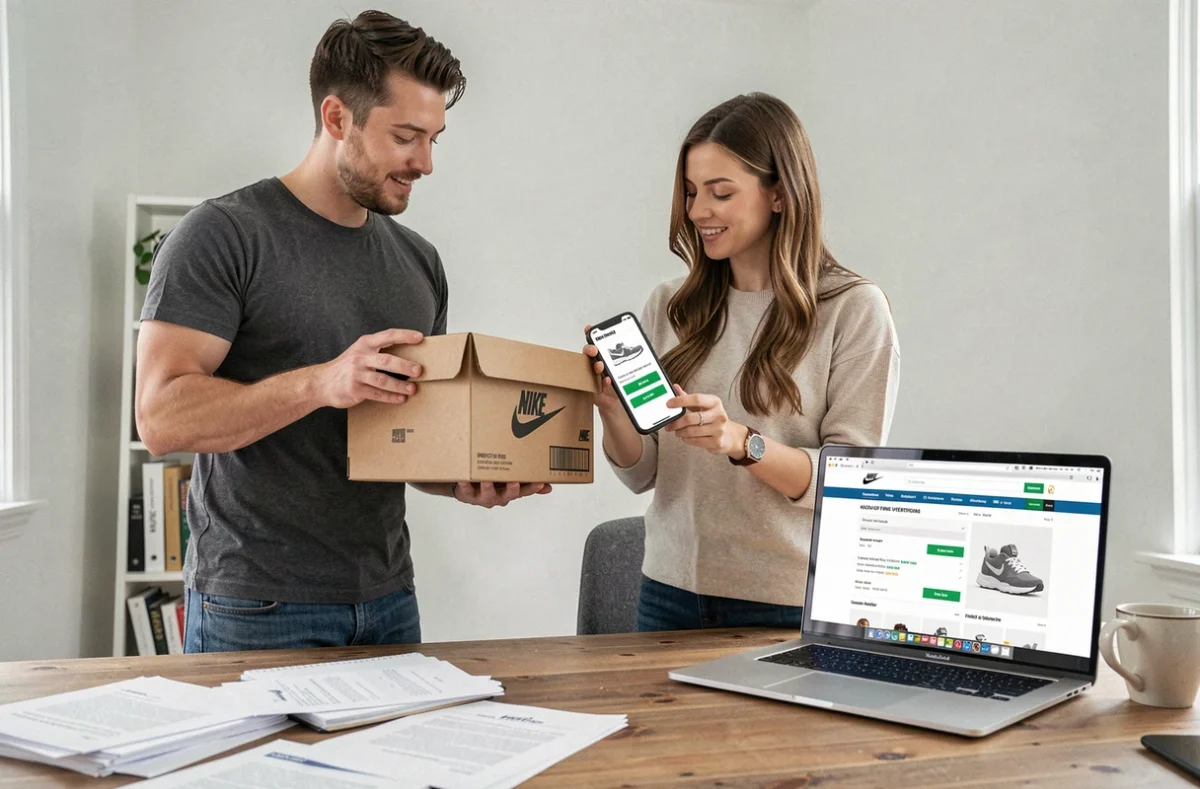 Deux personnes comparant un code UPC et un QR code Nike pour authentifier un produit à domicile