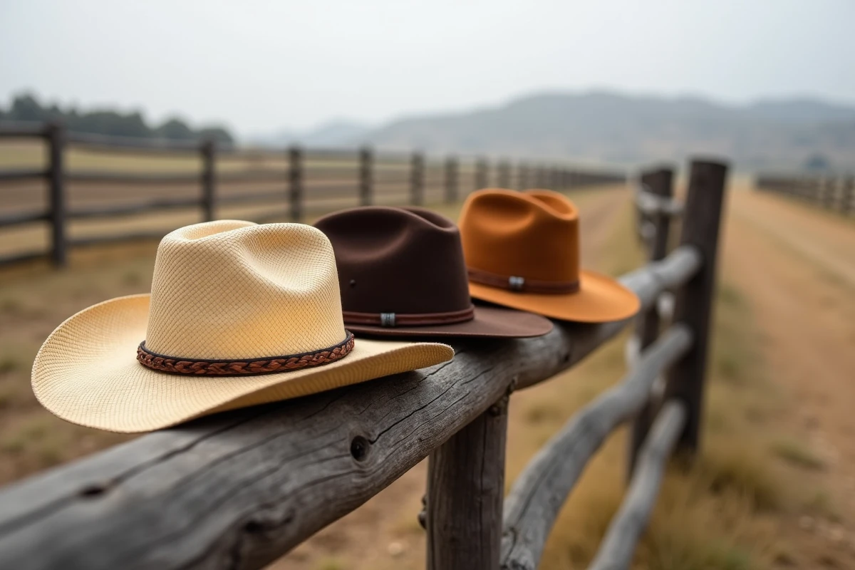 Trois chapeaux cowboy western différents posés sur une clôture en bois rustique dans un ranch, comparatif de styles pour cosplay et reconstitution