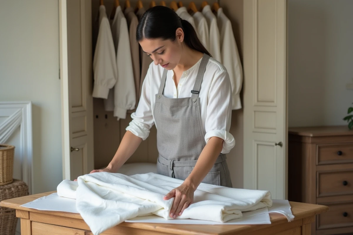Femme pliant soigneusement une robe de baptême bébé blanche dans du papier de soie sans acide pour une conservation longue durée