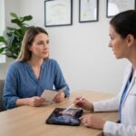 Consultation médicale avant une augmentation mammaire entre une patiente et une chirurgienne dans un cabinet moderne
