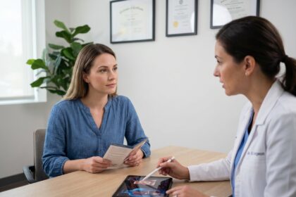 Consultation médicale avant une augmentation mammaire entre une patiente et une chirurgienne dans un cabinet moderne