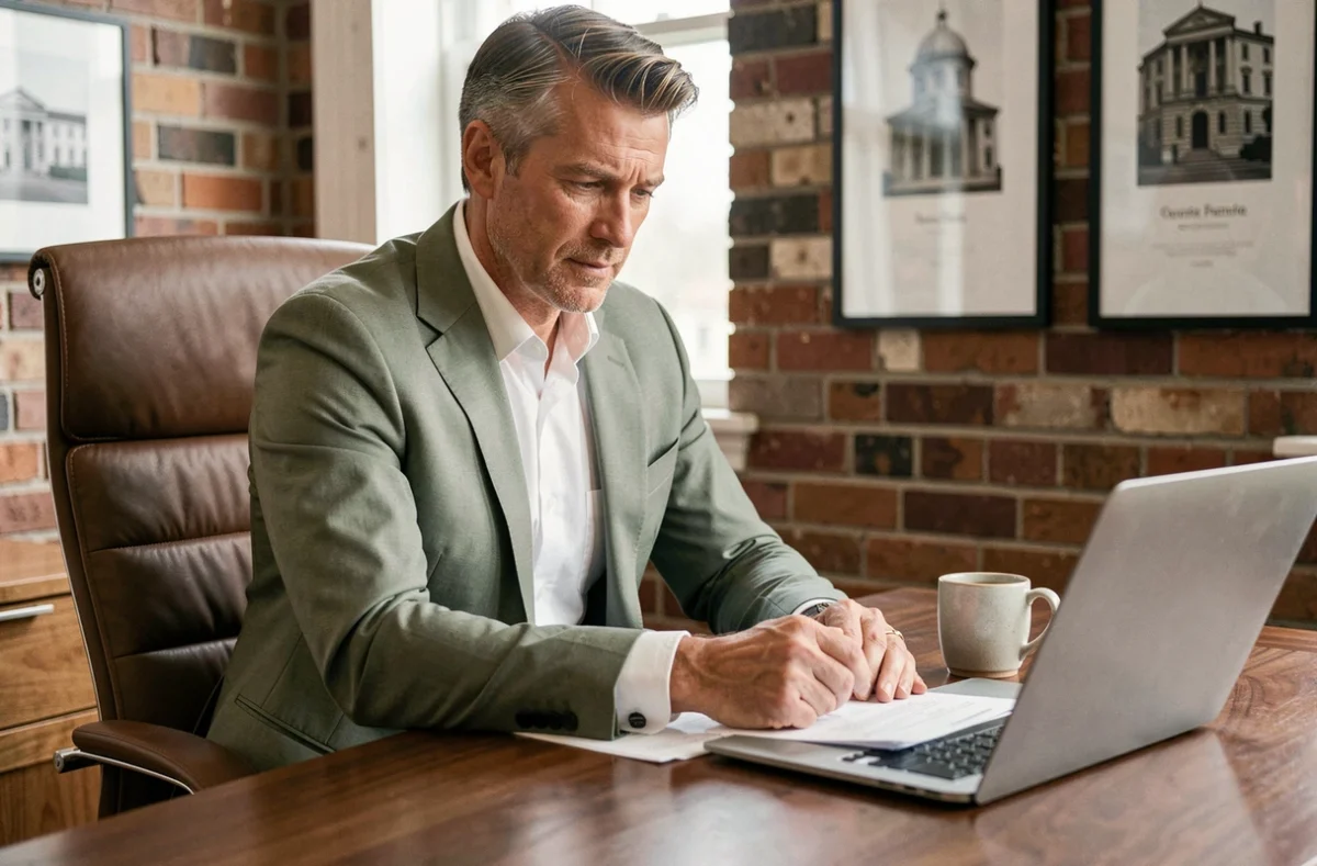 Homme en costume vert sauge dans un bureau élégant avec murs en briques, style professionnel tendance 2026