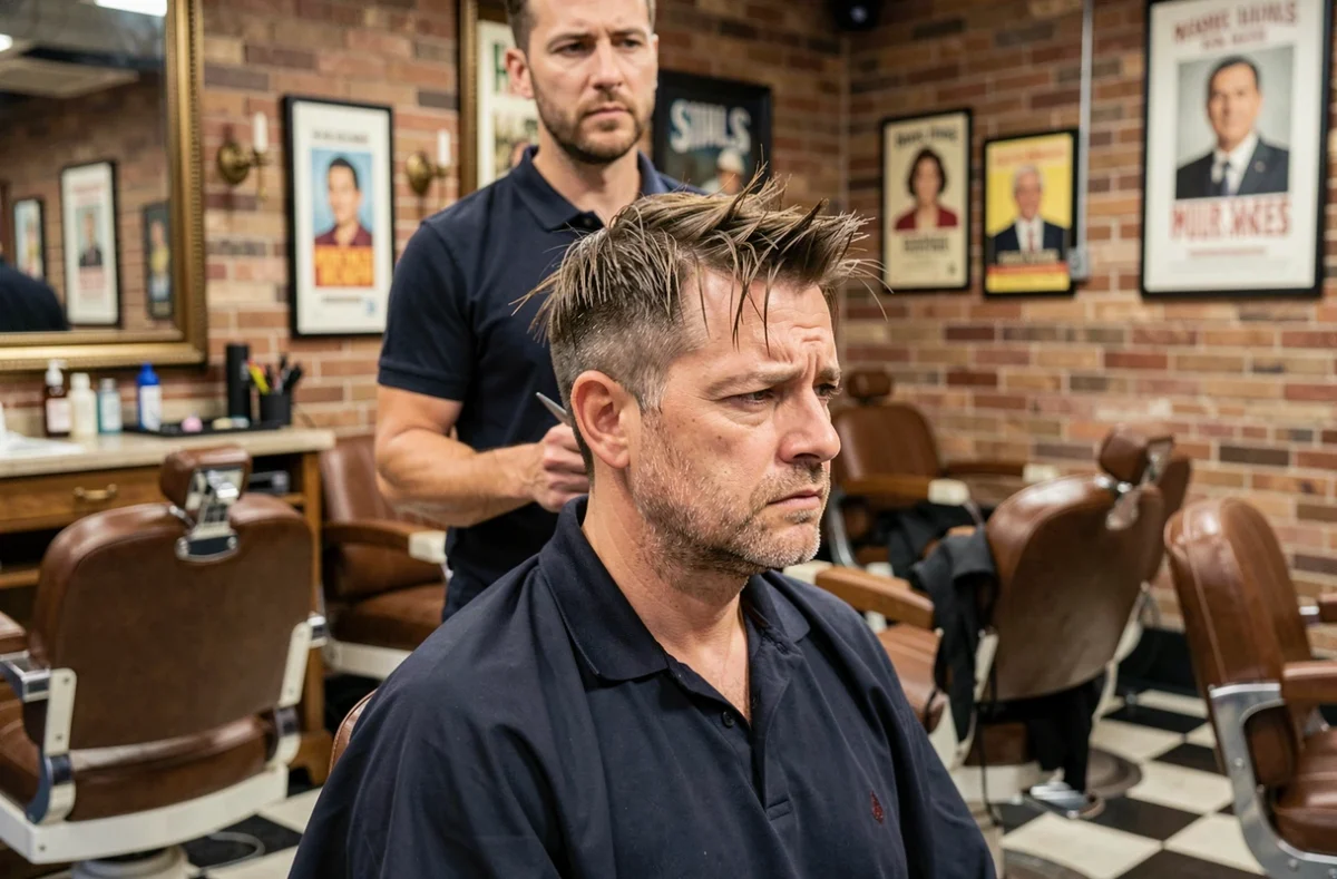 Homme déçu par sa coupe de cheveux ratée dans un fauteuil de barbier professionnel
