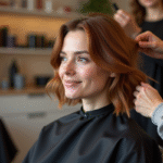 Femme en salon coiffure avec technique coupe papillon