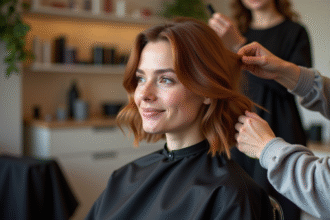 Femme en salon coiffure avec technique coupe papillon