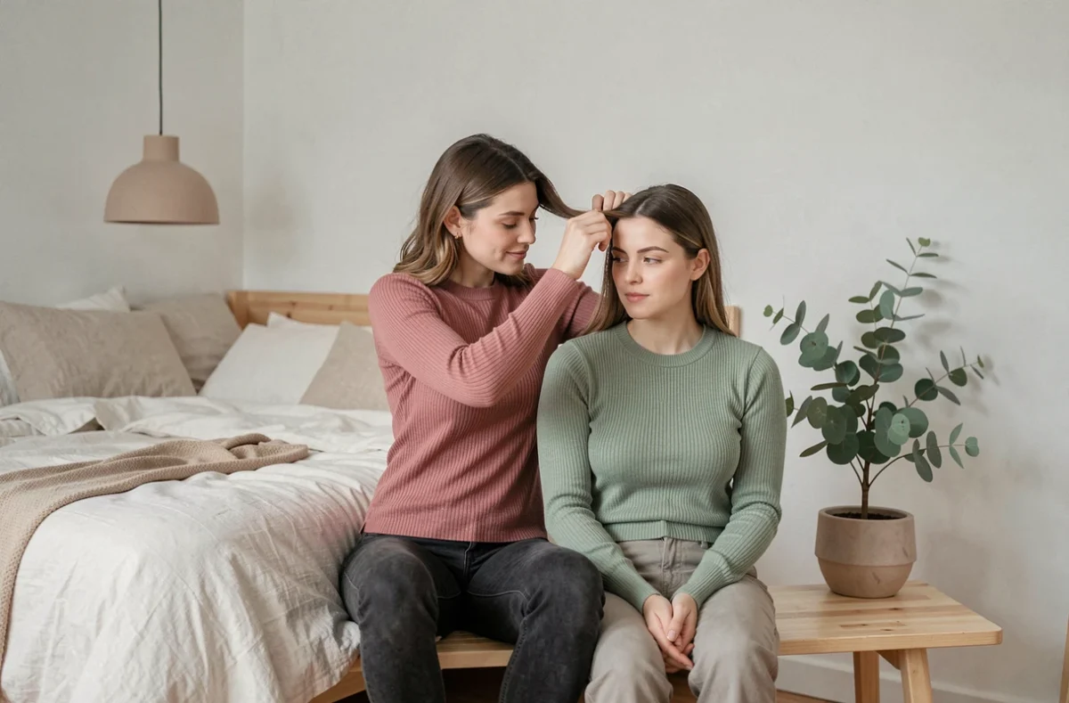 Couple portant des hauts thermiques Pilou Pilou Store dans une chambre au style scandinave épuré et chaleureux