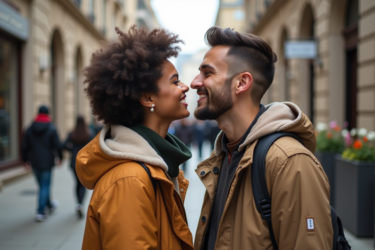 Jeune couple s’embrassant dans la rue en ville