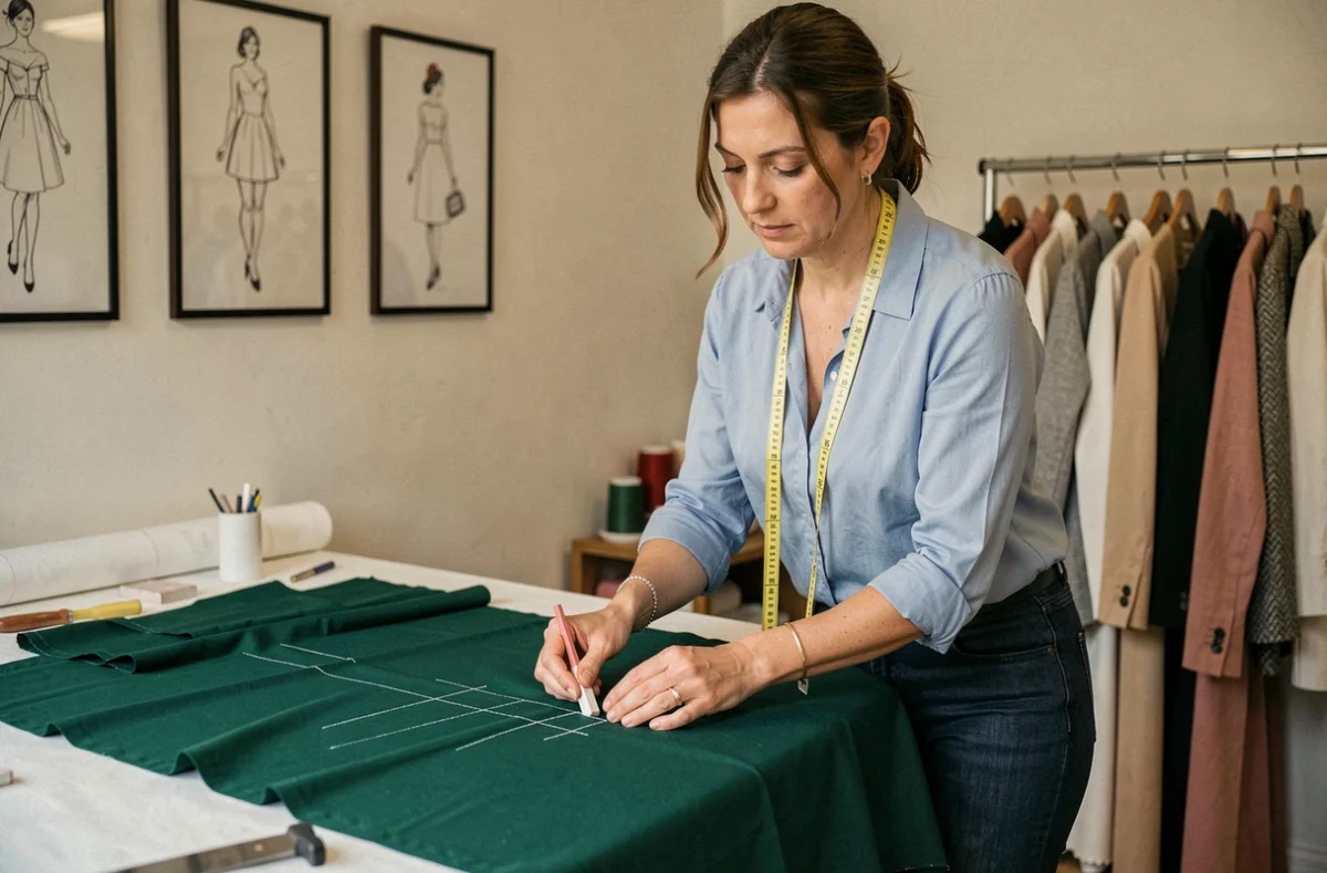 Couturière mesurant un tissu vert émeraude dans la boutique Couture et Retouche à Bouguenais