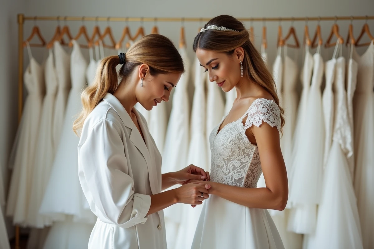 Couturière professionnelle ajustant une robe de mariage blanche