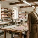 Atelier de couture en Loire-Atlantique avec machines à coudre, mannequins et tissus variés sur des étagères en bois