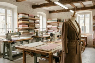 Atelier de couture en Loire-Atlantique avec machines à coudre, mannequins et tissus variés sur des étagères en bois