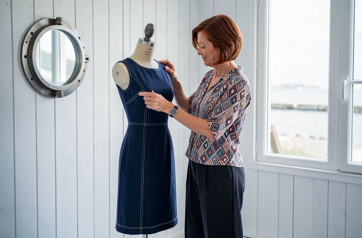 Couturière présentant une robe confectionnée sur un mannequin dans l'atelier Création Couture 44 à Saint-Nazaire