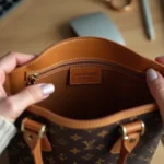 Mains tenant un sac Louis Vuitton ouvert pour montrer le date code estampé sur le cuir intérieur