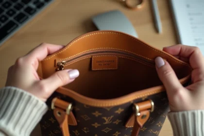 Mains tenant un sac Louis Vuitton ouvert pour montrer le date code estampé sur le cuir intérieur