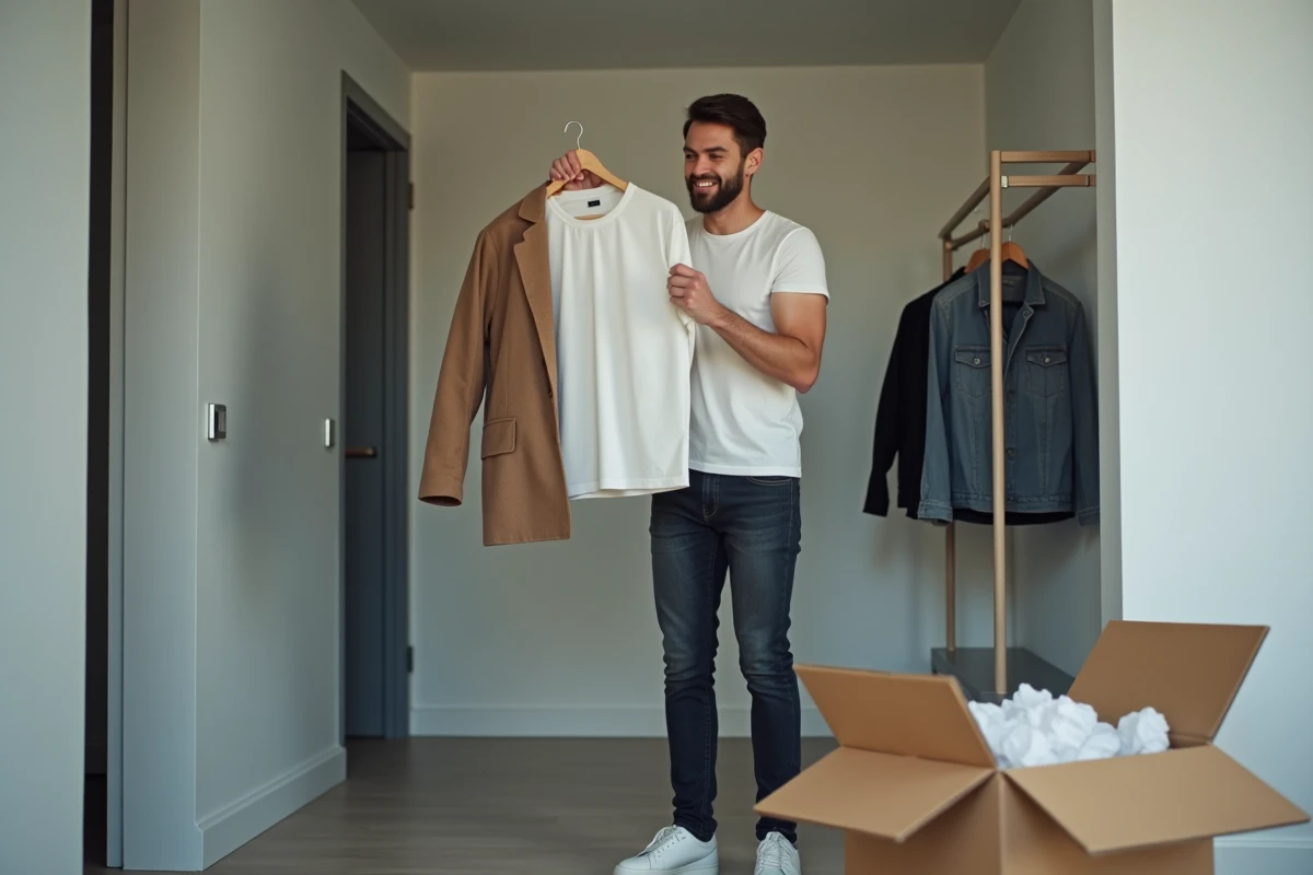 Homme découvrant un vêtement de marque reçu après commande sur une plateforme de déstockage mode